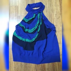 Royal Blue Blouse with Green & Black Ruffles