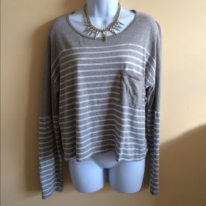 Madewell Beige-Grey Striped Crop Tee with Pocket