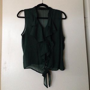 Sheer sleeveless ruffle forest green blouse