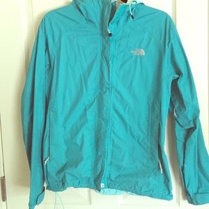 Aqua blue north face rain jacket