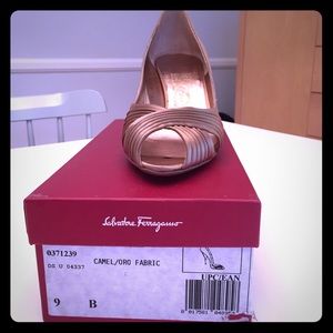 Golden open toed Ferragamo hells