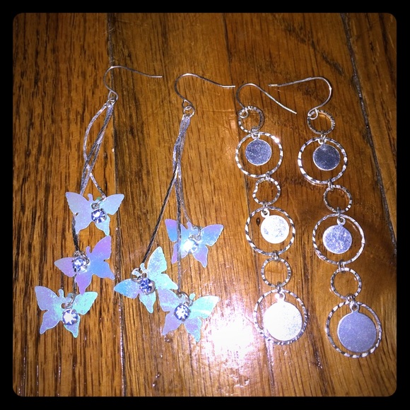 Set of 2 dangle earrings silver, Blue butterfly