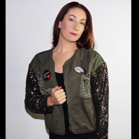 Sequin sleeve army jacket