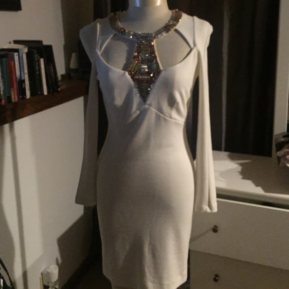 White, Long Sleeved Bejeweled Mini Dress