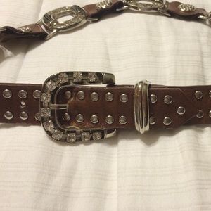 Brown leather rhinestone belt