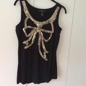 Black tank with gold sequin bow design