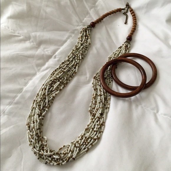 Bead necklace and wood bracelet set
