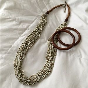 Bead necklace and wood bracelet set