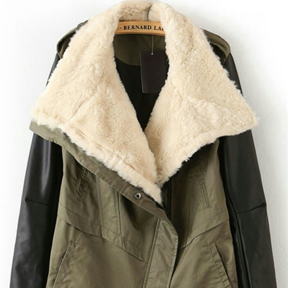 Army green bomber with faux shearling collar