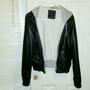 Black "Obey" Faux leather Jacket with hoodie