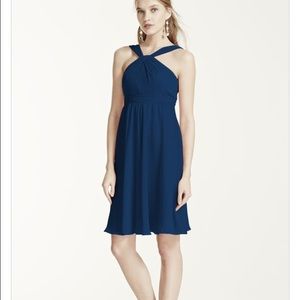 Navy Blue Short Crinkle Chiffon Dress w/Halter