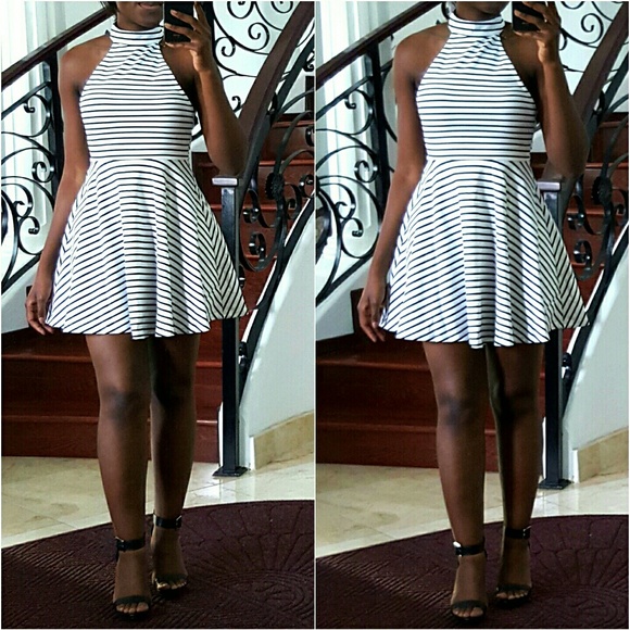   Dresses & Skirts - Black and Ivory Striped Halter Dress