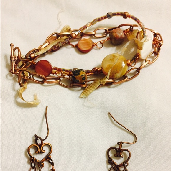 Handmade whimsical copper bracelet and earings
