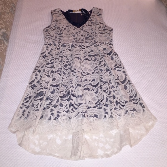 Monteau Lace Fit and Flare Medium Navy Cream Dress