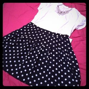 J. Crew navy and white polka dot pleated skirt!