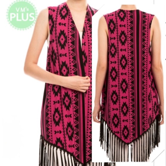 TRIBAL PRINT LONG FRINGE VEST - Picture 2 of 2
