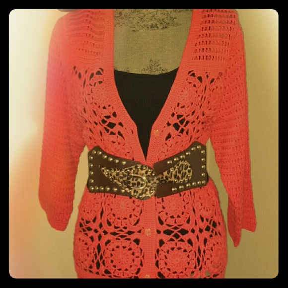 Crochet Long coral cartgan, 3/4 sleeves, Coral sz