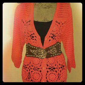 Crochet Long coral cartgan, 3/4 sleeves, Coral sz