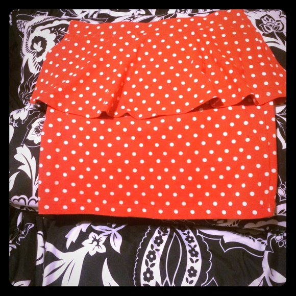 Red skirt with polka dot shirt