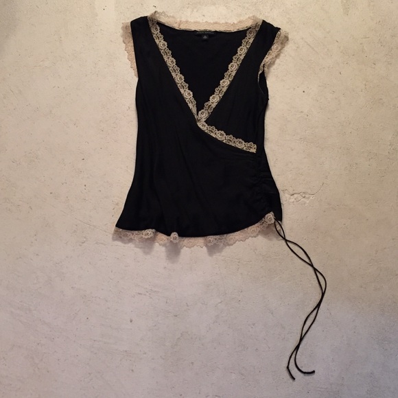 Black silk tank with ivory lace trim