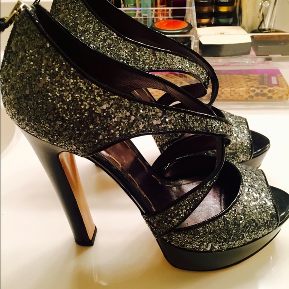 MIU MIU Silver Sparkle Platform Sandals - Picture 1 of 4