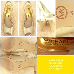 Michael Kors gold peep toe platform pumps