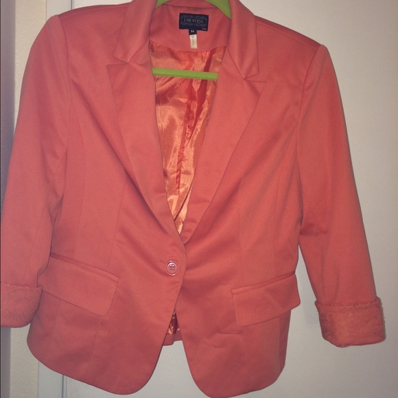 Coral colored blazer with lace sleeves