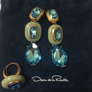 Oscar de la Renta blue cocktail ring and earrings