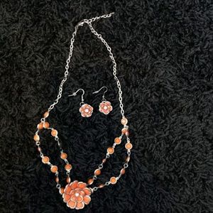 Orange and silver necklace and earring set