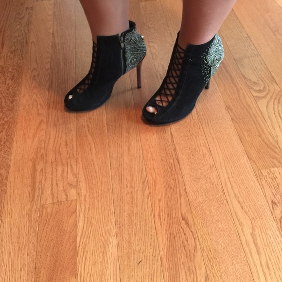 Gorgeous studded rhinestone suede bootie