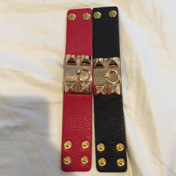 Black and red leather with gold bracelets