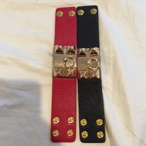 Black and red leather with gold bracelets
