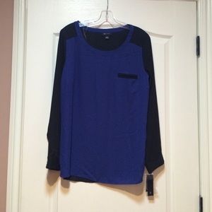 Color Block Blue and Black Long Sleeve Blouse