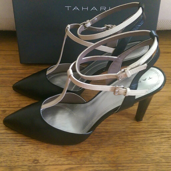 Tahari Sarina  Black/Vanilla T-Strap Pumps - Picture 2 of 4