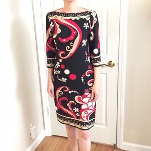 Black-Red-Beige Dress: boat neckline, 3/4 sleeves