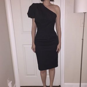 Dramatic cocktail dress w/ one pleated puff sleeve
