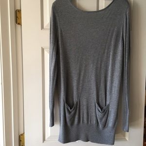 Long Gray Sweater with Pockets and V-Back