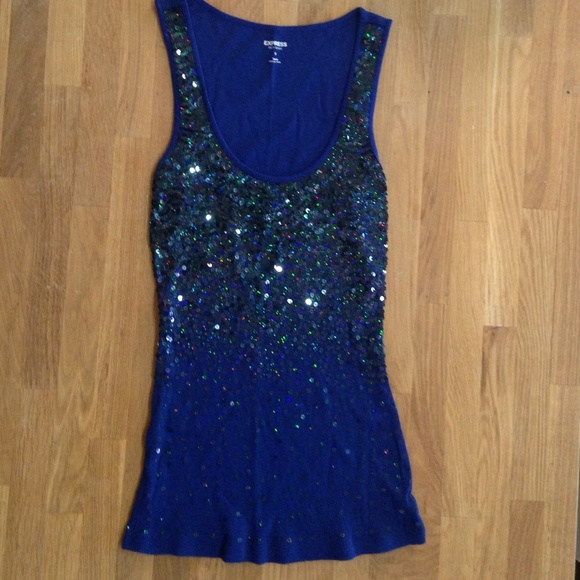 [[[SOLD]]] Express Small Blue Sequin-Front Tank - Picture 1 of 4