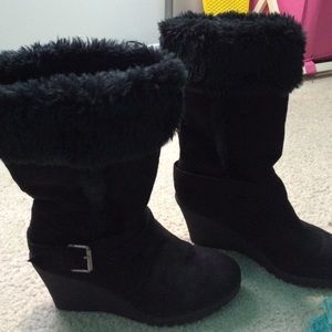 Black suede, wedged boots