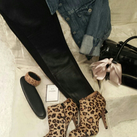 Leather point mixed black pants stretch back