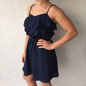 BCBG NAVY SILK SPAGHETTI STRAP DRESS w/ RUFFLES
