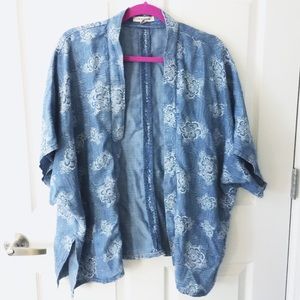 Printed denim kimono