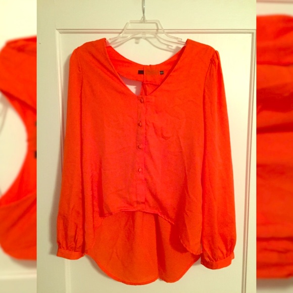 Orange, High Low Open Back Long Sleeve Silk Tunic - Picture 1 of 3