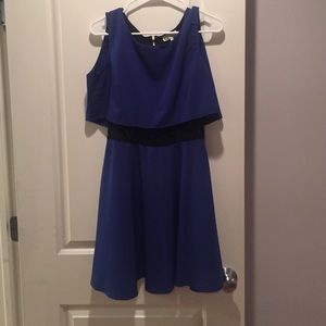 Royal blue skater dress with black lace detail