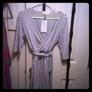 Maternity black and white striped wrap dress