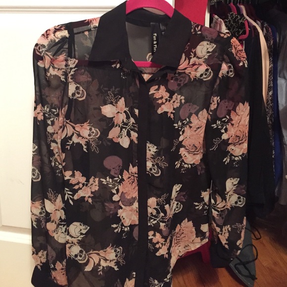 Black Blouse with skulls and flowers on it