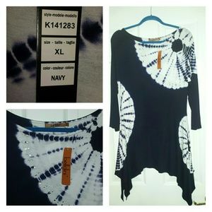 Navy  Blue & White Tie Dye Asymmetrical Top