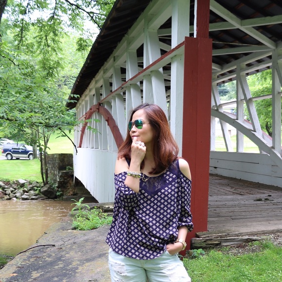 Xhilaration Tops - Cold shoulder navy aztec print top