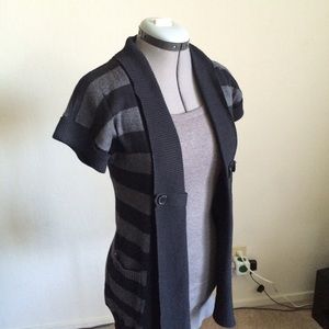 Gray & black striped short sleeve sweater.