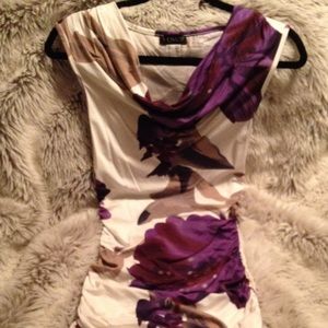 Venus Dresses  Skirts - White Ruched Dress with Purple Florals